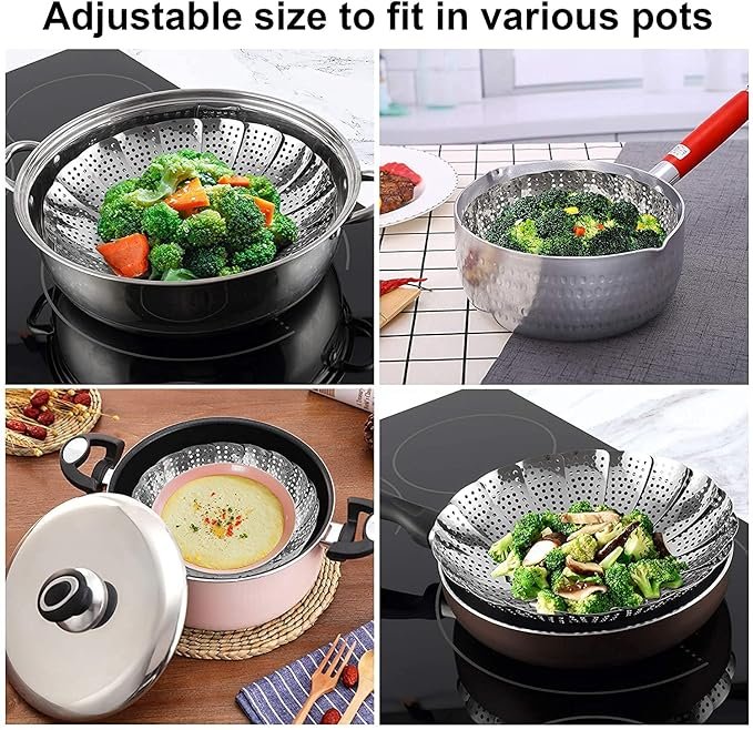 Vegetable Steamer Basket, Premium Stainless Steel Veggie collapsible Steamer Basket - Foldable Vegetable Steamer for Cooking to Fits Various Size Pot